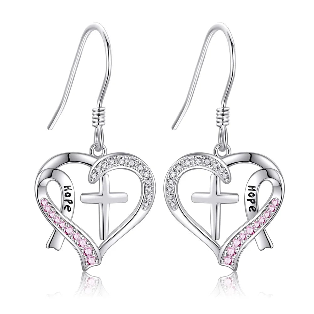 Charm Female Crystal White Pink Stone Cross Heart Earrings Cute Trendy Bridal Silver Color Wedding Jewelry For Women