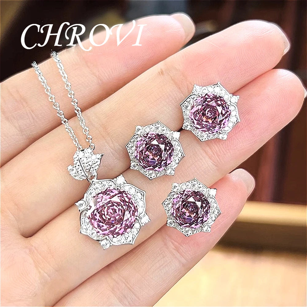 Luxury-Style 925 Sterling Silver Rose Diamond Flower Necklace Pendant Earring Ring Women's Set