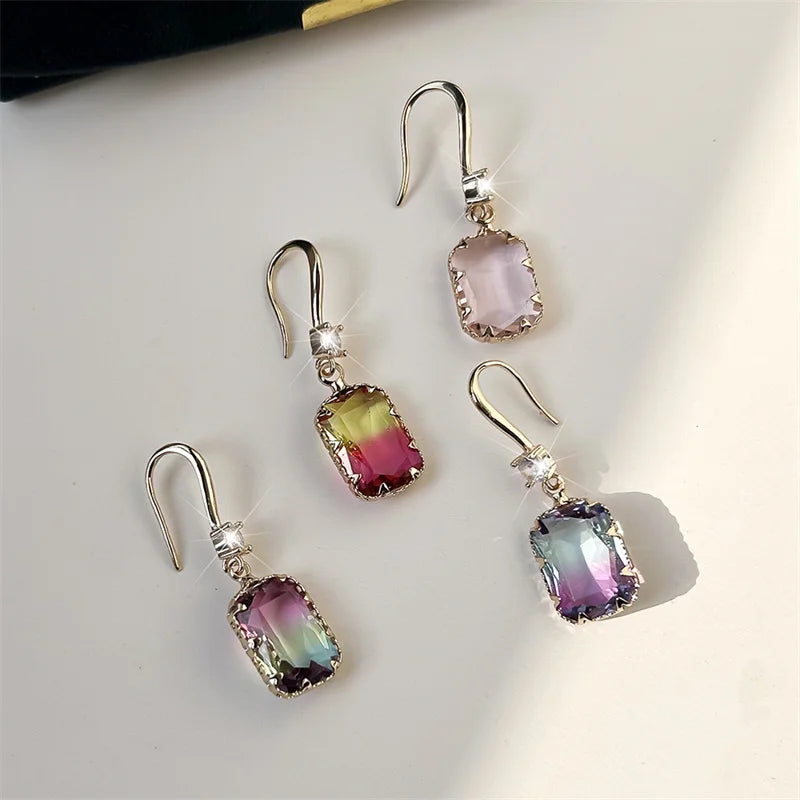 Cute Female Red Green Rainbow Drop Earrings Luxury White Crystal Earrings Yellow Gold Color Wedding Earrings For Women