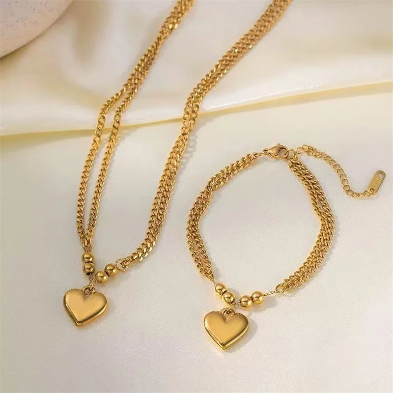 EILIECK 316L Stainless Steel Gold Color Smooth Heart Charm Necklace Bracelets Set For Women Trendy Waterproof Jewelry Lady Gift