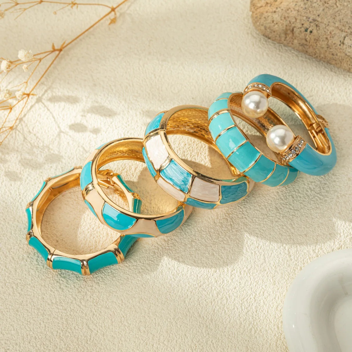 KMVEXO Bohemian Blue Enamel Cuff Bangles Geometric Irregular Gold Color Metal Wide Bracelet For Women Men Punk Pearl Jewelry