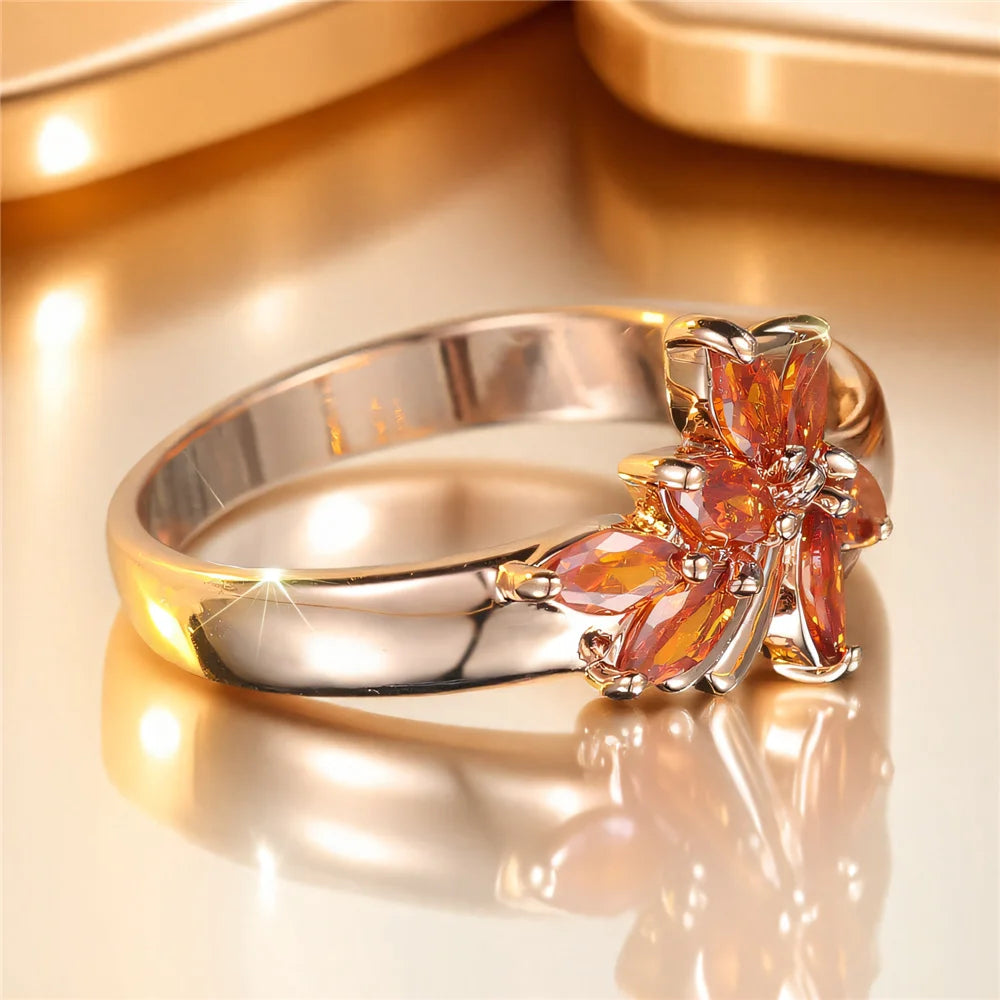 Cute Female Red Zircon Stone Tree Leaf Ring Rose Gold Color Engagement Charm Wedding Jewelry For Women