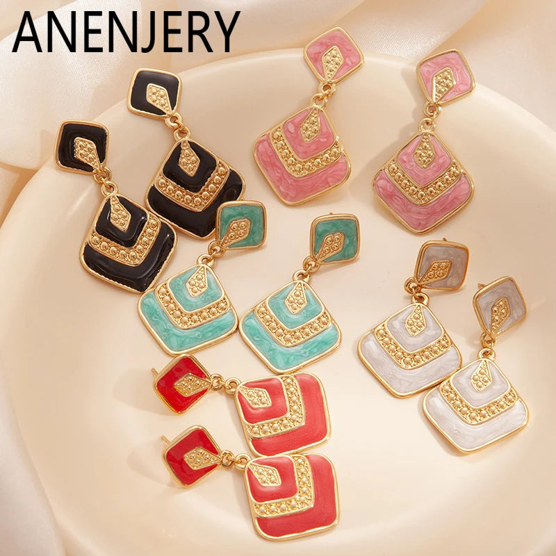 ANENJERY 316L Stainless Steel Rhombus Geometry Pendant Earrings For Women Bohemia Personality Niche Jewelry Gifts Wholesale