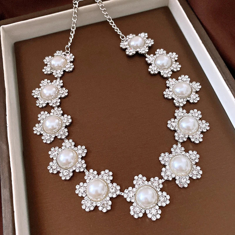 Rhinestone Pearls Flower Choker Necklace Earring sets Gifts Party Prom Wedding Dress Jewelry Sets for Women Accessories