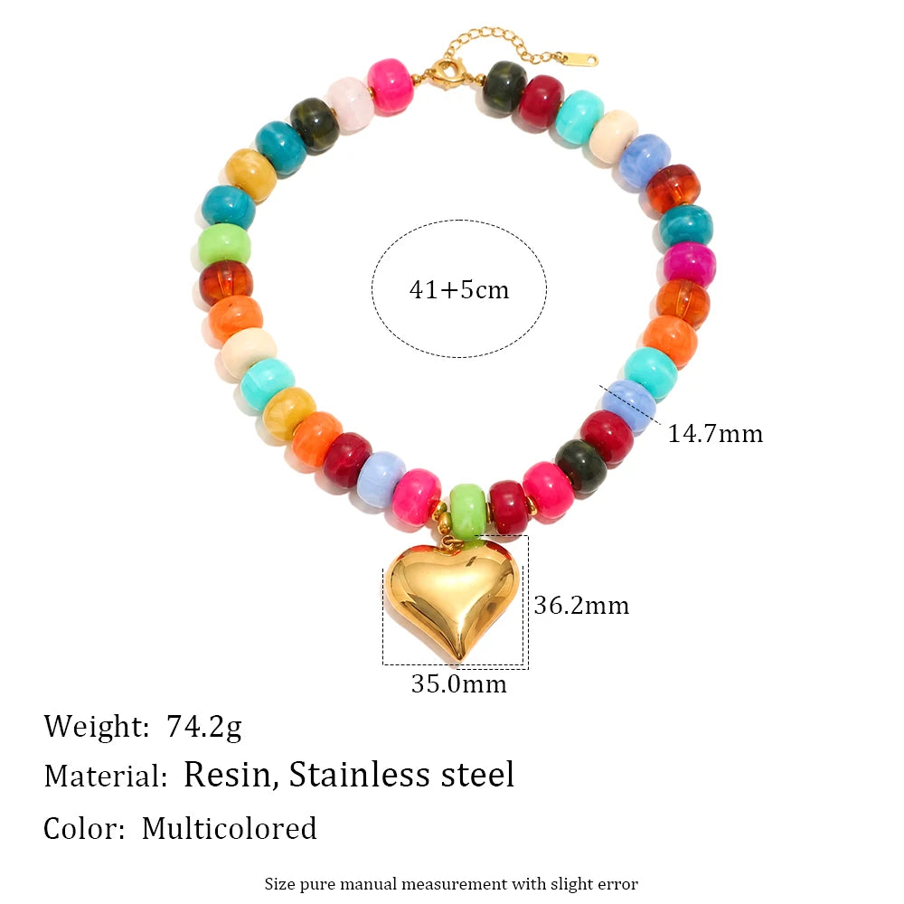E.B.belle Candy Color Bead Heart Charm Necklaces Colorful Dopamine Resin Chain Necklace Tarnish Y2K Fashion Women Jewelry