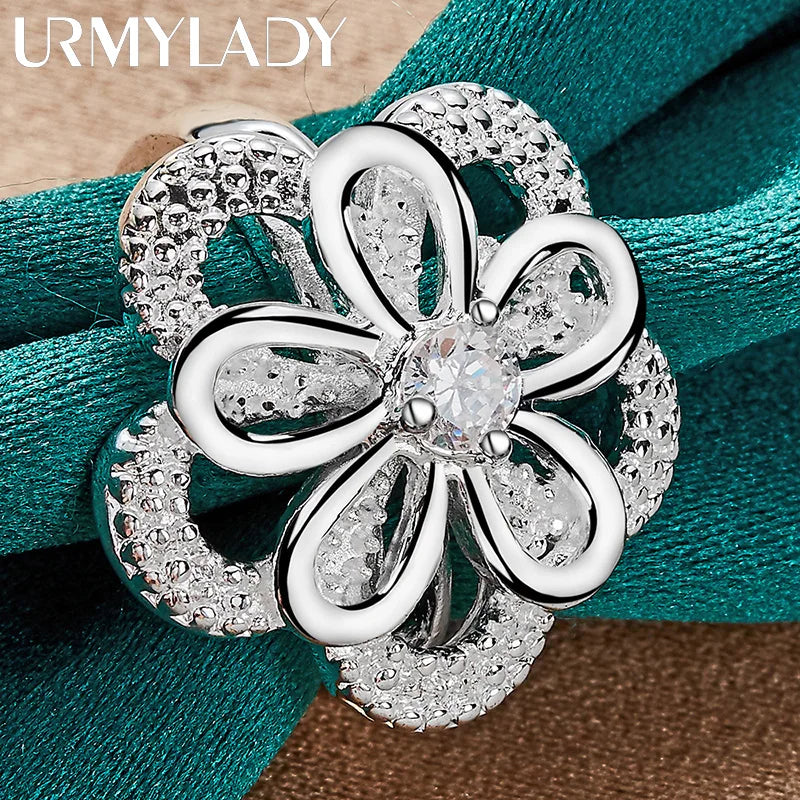 URMYLADY 925 Sterling Silver Double Flower Zircon 7-10# Ring For Women Wedding Engagement Party Fashion Jewelry