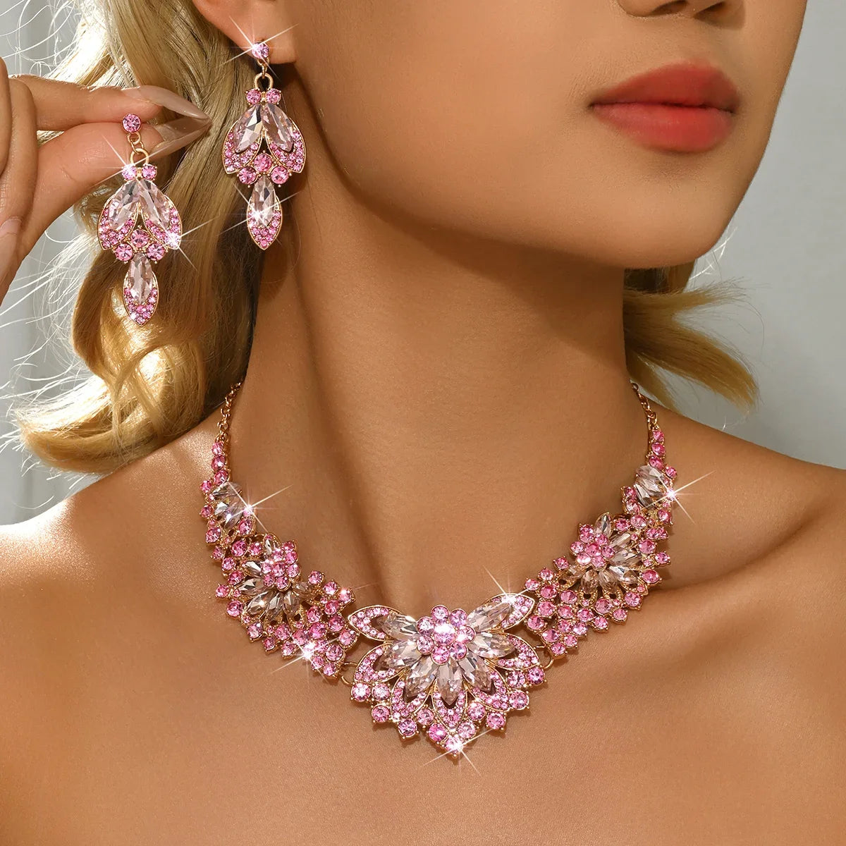 Vintage Crystal Flower Necklace Earrings Jewelry Set for Women Party Wedding Holiday Wear Casual Style All Seasons
