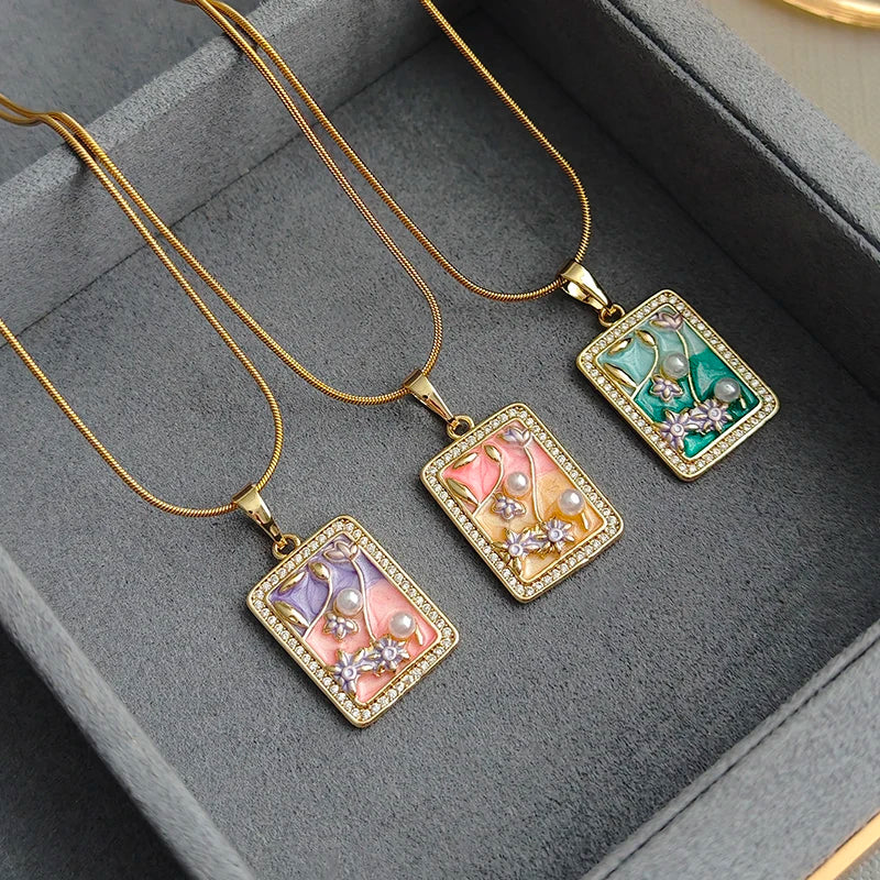 ANENJERY 316L Stainless Steel Oil Painting Flower Necklace For Women Vintage French Fashion Neck Chain Jewelry Gift Wholesale