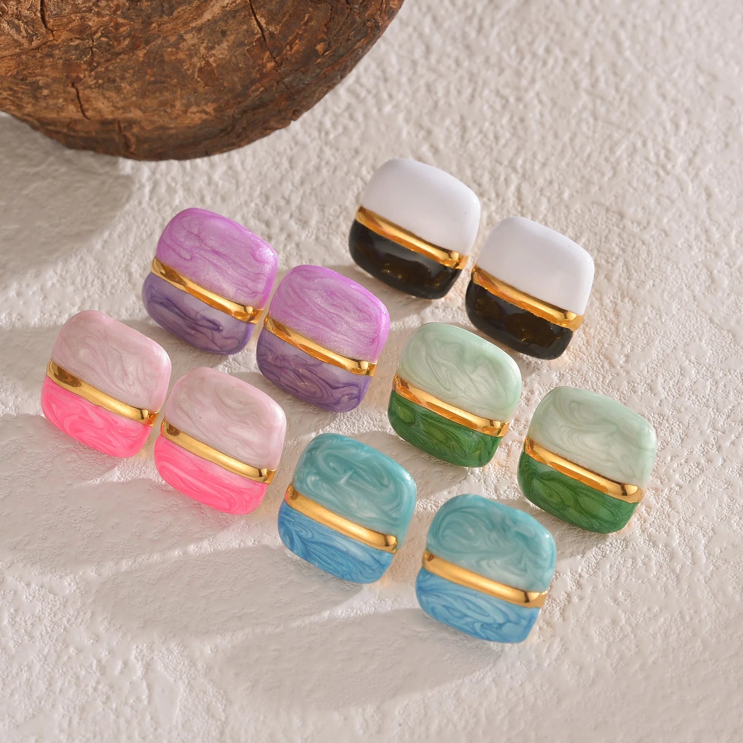 Freeteeme Trendy Color Blocking Square Earrings for Women Stainless Steel Statement Geometric Colorful Ear Stud Jewelry Gift