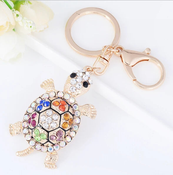 Fashion Rhinestone Crystal Metal Keychain Lovely Cartoon Marine Style Tortoise Fish Dolphin Keyring HandBag Car Pendant Gift