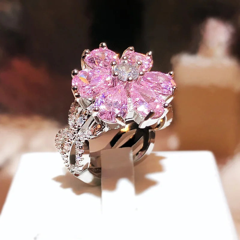 Cute Female Pink Crystal Stone Ring Charm Upscale Thin 925 Sterling Silver Wedding Rings for Women Bride Flower Zircon Jewelry