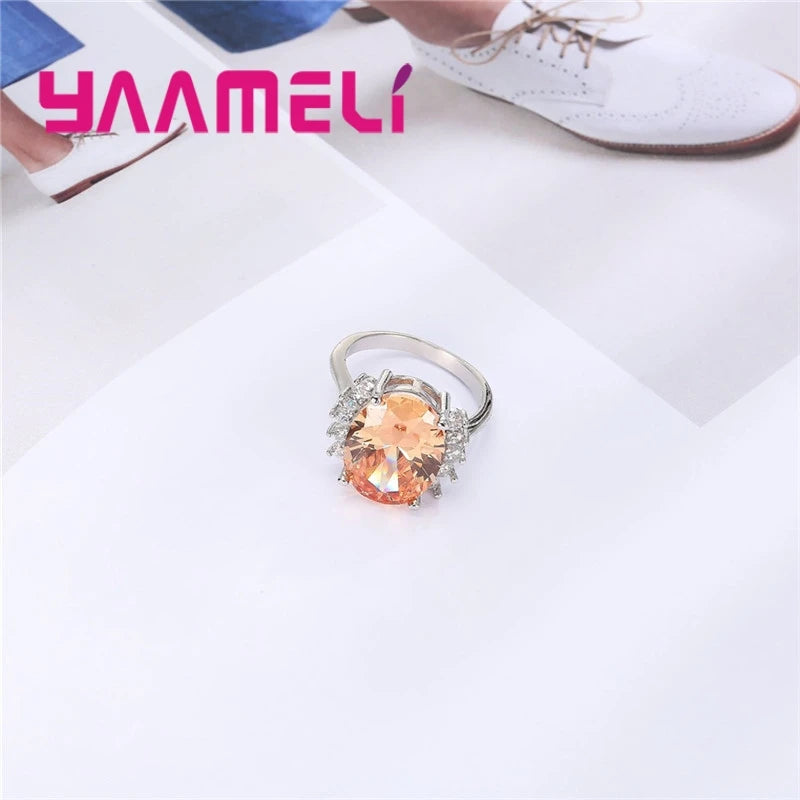 Classic Women Wedding Romantic Jewelry 925 Sterling Silver Color Band Rings Paved Big Oval Champagne Crystals Female Bague