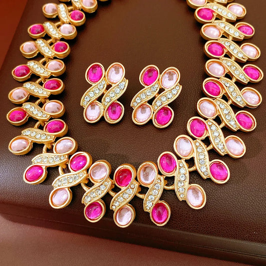 Multi-color Oval Resin Rhinestones Chokers Necklaces Vintage Wide Splicing Geometric Stud Earrings Wedding Banquet Jewelry Set N