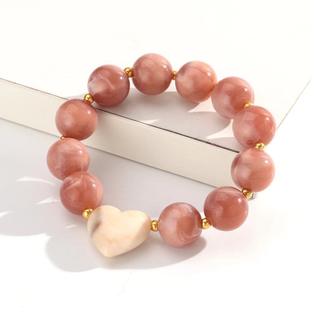 Trendy Acrylic Round Heart Beads Elastic Bangle Bracelets Resin Colorful Geometric Beaded Stretch Bracelet Women Charm Jewelry