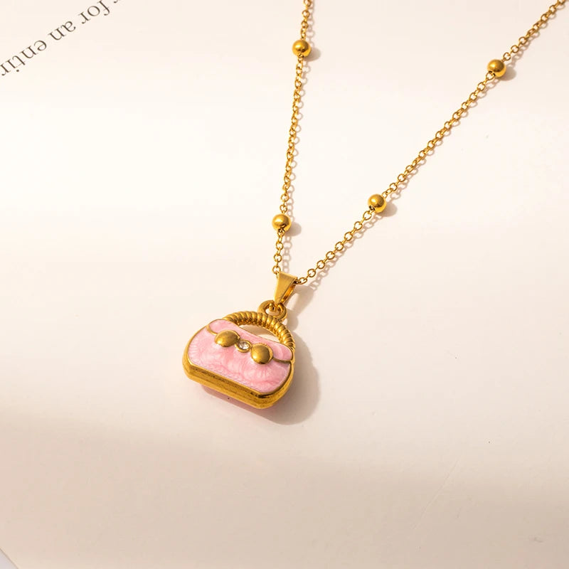 ANENJERY 316L Stainless Steel Colorful Enamel Hat Bag Pendant Necklace For Women Niche Luxury Design Fashion Jewelry Wholesale