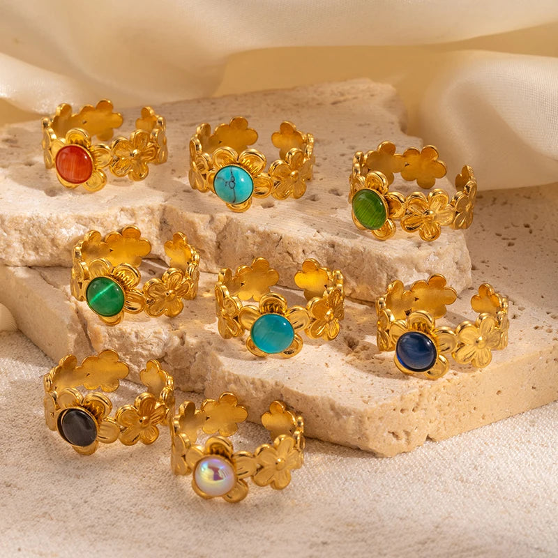 ANENJERY 316L Stainless Steel Flower Inlaid Colorful Stone Open Ring for Women Men Beauty Delicate Jewelry Gifts Wholesale