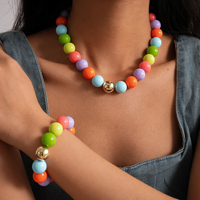 Colorful Acrylic Beads Choker Necklace and Bracelet Sets for Women Statement Jewelry Gift Accessories Fashion