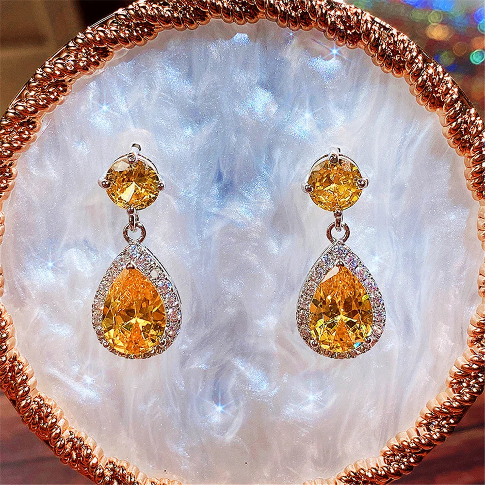 Luxury Female Blue Yellow White Zircon Stone Drop Dangle Earrings Cute Silver Color Party Jewelry For Women