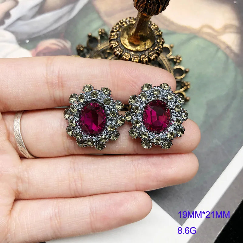 NISHIZAWA Rose Red Gemstones Stud Earrings for Women Geometric Palace Style Party Jewelry Vintage Exquisite Aretes De Mujer