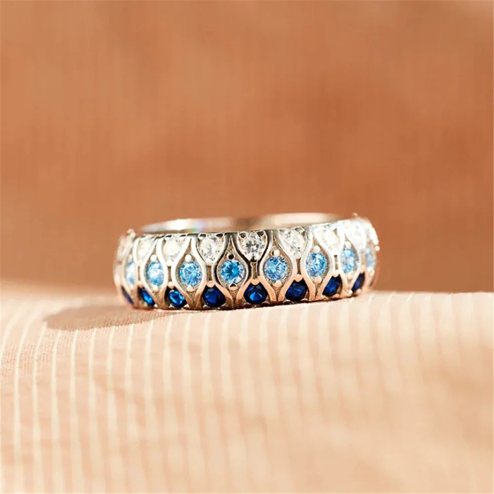 Cute Female White Blue Zircon Round Stone Silver Color Wedding Jewelry Promise Engagement Rings For Women