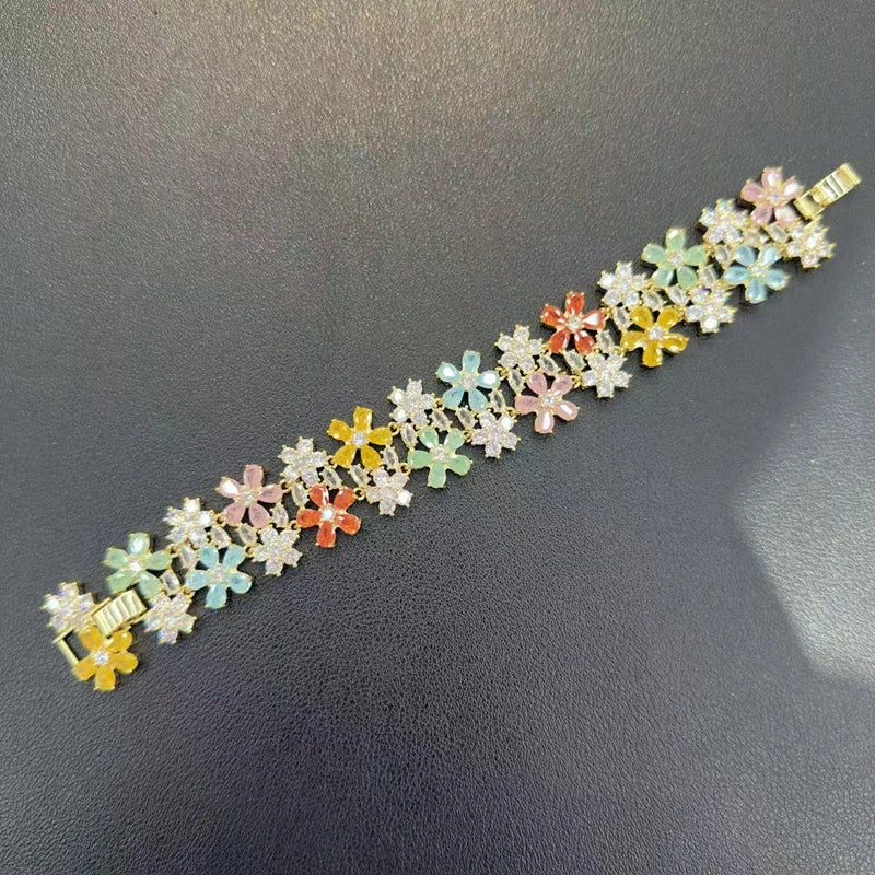 Luxury Cubic Zirconia Gemstone Bracelet Ring Earring Jewelry Set for Women Wedding Gift Colorful Stone Five Petal Flower Design