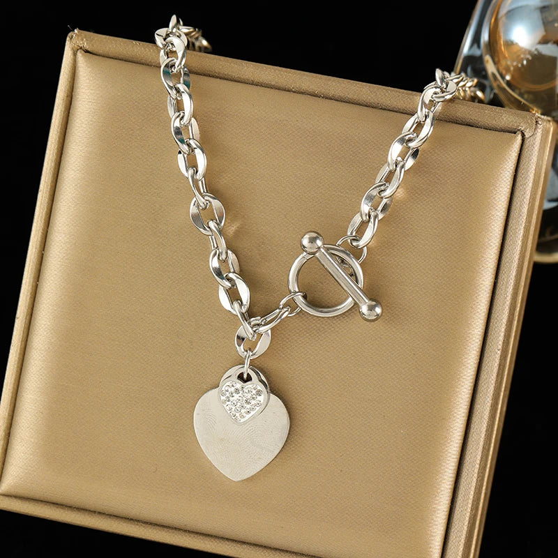EILIECK New Fashion Stainless Steel Metal Double Heart Necklace Bracelet For Women Fashion Waterproof 3-Color Jewelry Set Gift