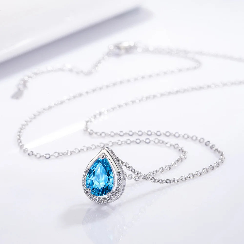925 Sterling Silver Teardrop Shape Blue CZ Pendant Necklace Earrings Set for Women Wedding Necklace Gift Jewelry