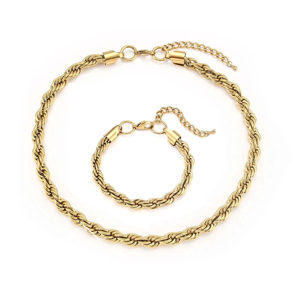 E.B.belle Tarnish Free Stainless Steel 18K Gold Plated Women's 8mm Chunky Twisted Rope Chain Necklace Trendy Gold Bracelet