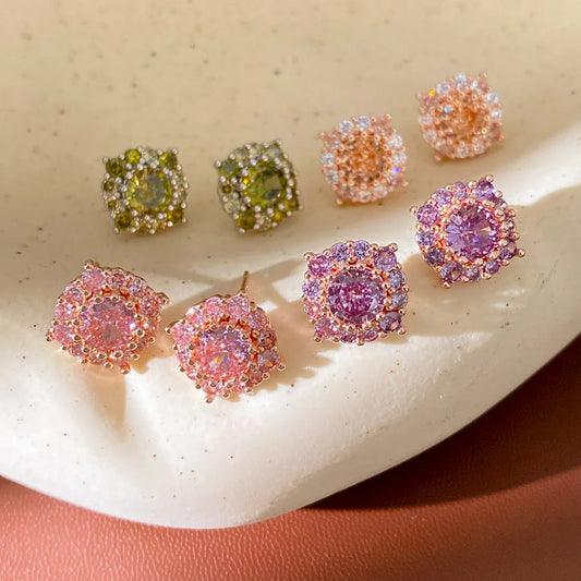 Multi-color Round Zircon Stud Earrings Shiny Mini Simple Vintage Geometric Ear Studs for Women Bridal Dating Banquet Jewelry N