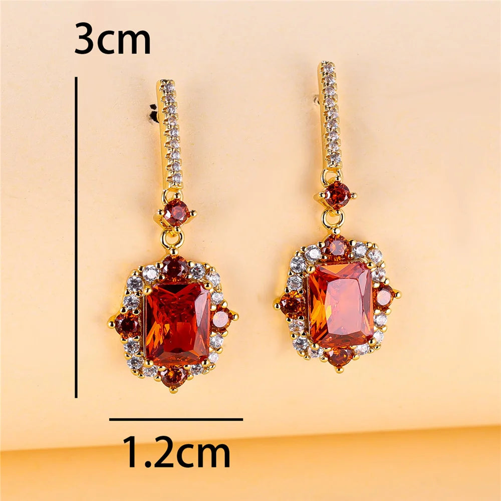 Luxury Female Purple Red Square Zircon Stone Drop Dangle Earrings Unique Gold Color Evening Jewelry For Women