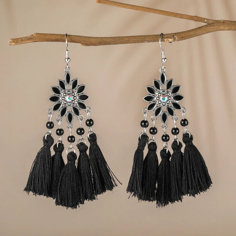Classic Ethnic Tassel Earrings for Women Bohemian Enamel Flower Crystal Handmade Earring Female DailyVacation Jewelry