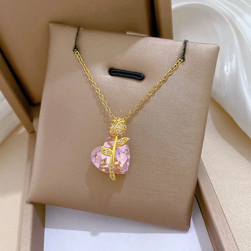 EILIECK 316L Stainless Steel Fashion Chic Cubic Zirconia Flower Pendant Necklace Tarnish Resistant Stylish Neck Chain Jewelry