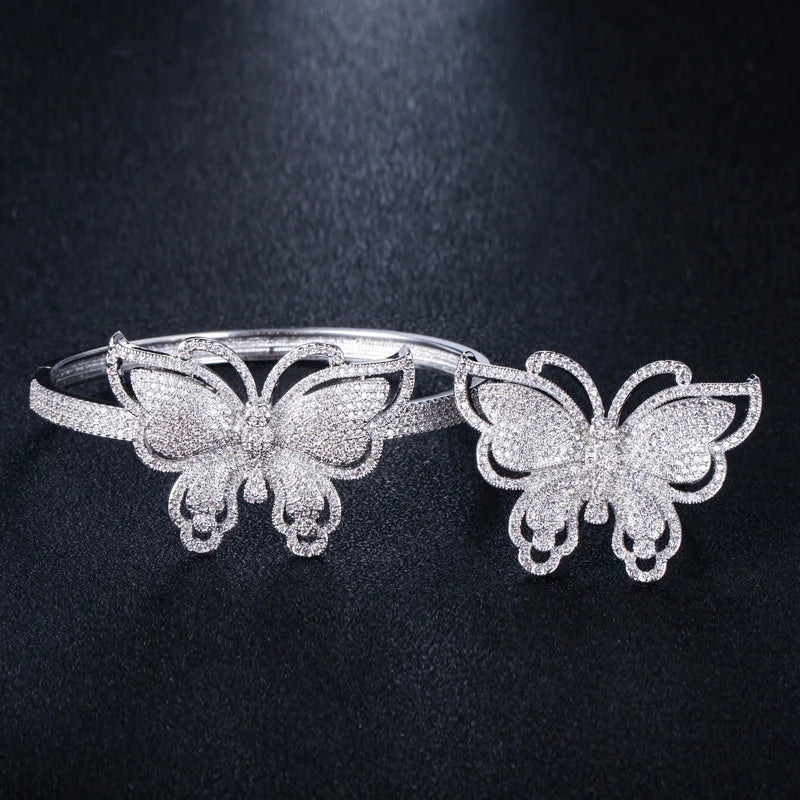 ThreeGrace Luxury Sparkling Cubic Zirconia Wedding Bridal Party Big Butterfly Finger Ring and Bangle Jewelry Set for Women JS543