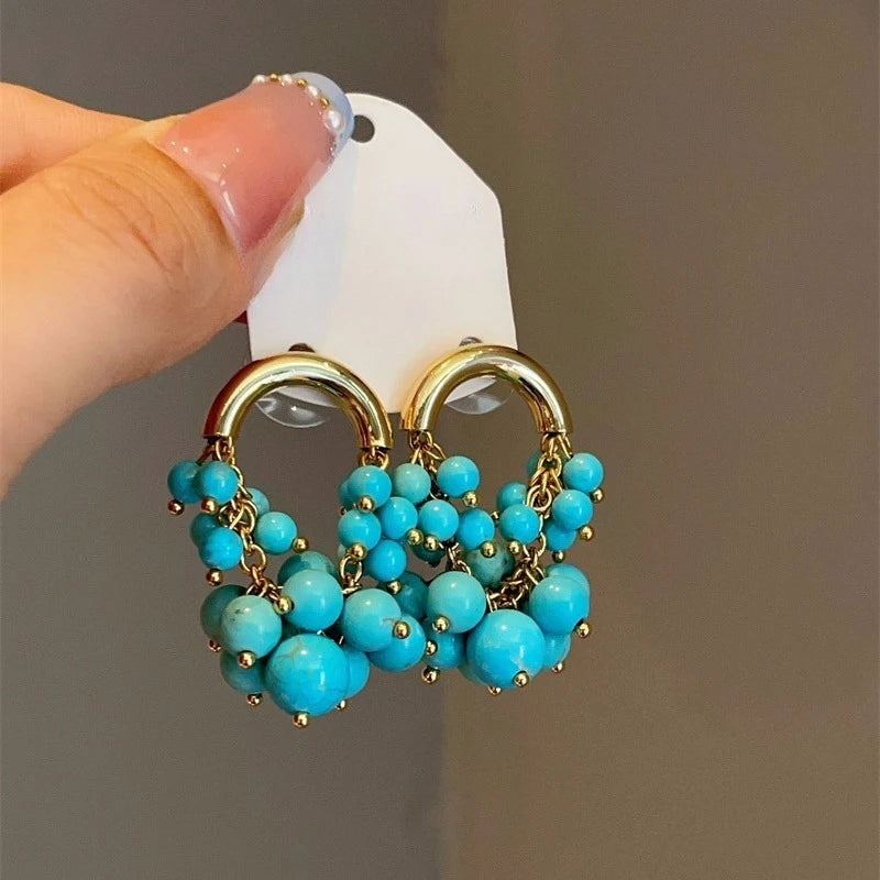 NISHIZAWA Turquoise Earrings for Women Vintage Bohemian Tassels Sweet Jewelry Palace Style Fashion Elegant Pendientes Mujer