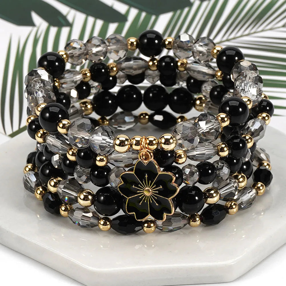Bohemian Daisy Flower Charm Colorful Crystal Beaded Bracelet Set for Women Summer Beach Hand Jewelry Accessory Boho Wrsit Chains