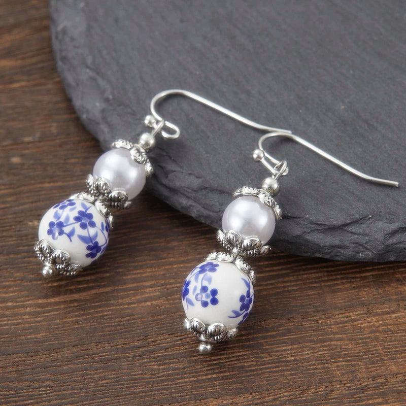 Retro Chinese Style Blue Floral Ceramic & Imitation Pearl Earrings Handmade Silver Plated Drop Earrings for Women Ethnic Jewelry
