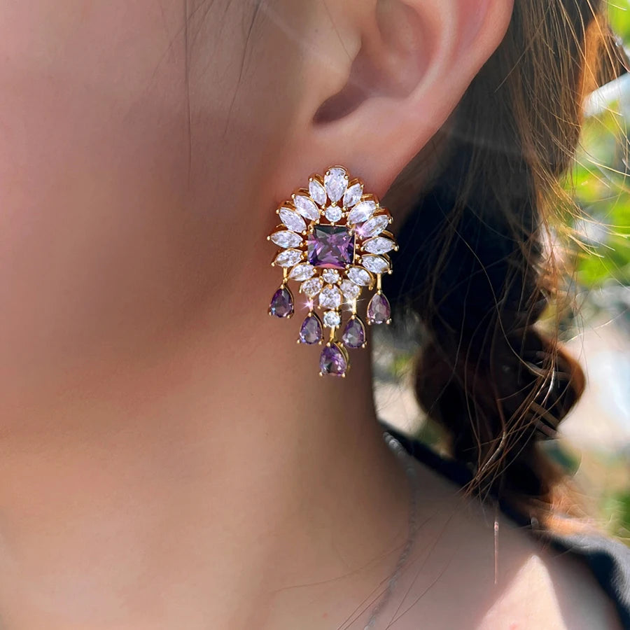 ThreeGraces Luxury Shining Purple White Zirconia Big Long Bridal Wedding Party Tassel Drop Earrings for Women Chic Jewelry E2009
