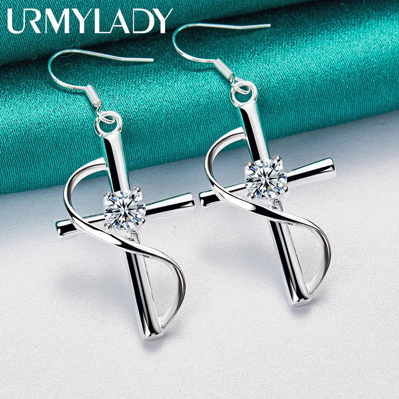 URMYLADY 925 Sterling Silver Cross Zircon Earrings For Women Charm Jewelry Wedding Fashion Gift