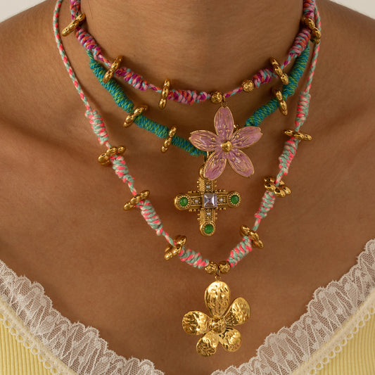 Tendy cotton rope paired with stainless steel stylish flower pendant fashion personality necklace back-to-school season gift