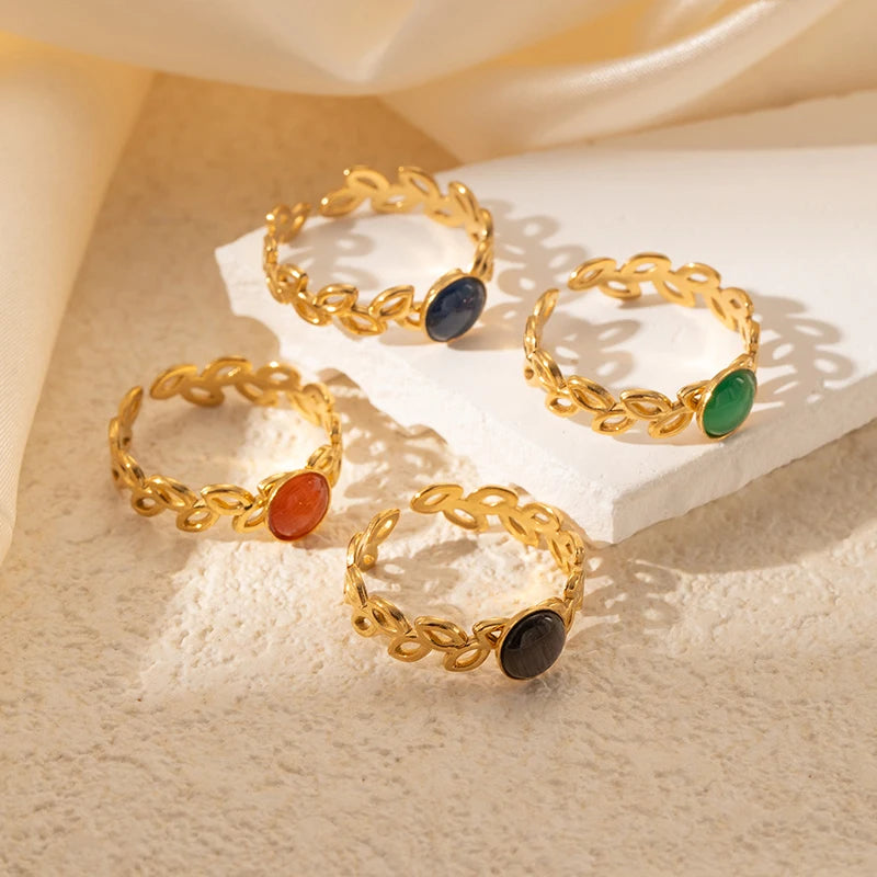 ANENJERY 316L Stainless Steel Hollow Leaf Colorful Stone Open Ring for Women Men Simple Jewelry Gifts Daily Wholesale