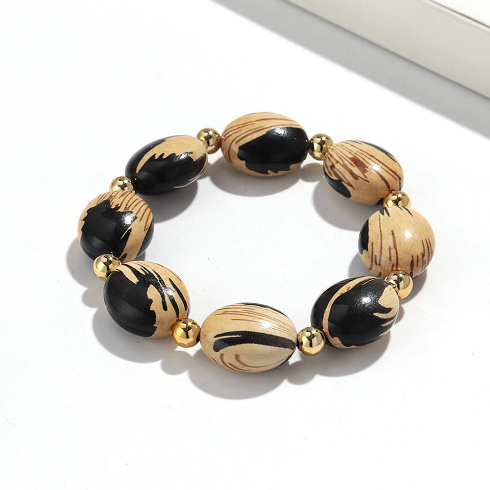Personality Leopard Print Irregular Beaded Stretch Bangles Bracelets Retro Acrylic Geometric Beads Bracelet Women Jewelry
