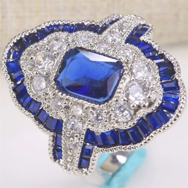 Fashion Exquisite Blue Rings Women Anniversary Evening Party Dazzling Zircon Silver Color Elegant Lady's Luxury Jewelry Gifts