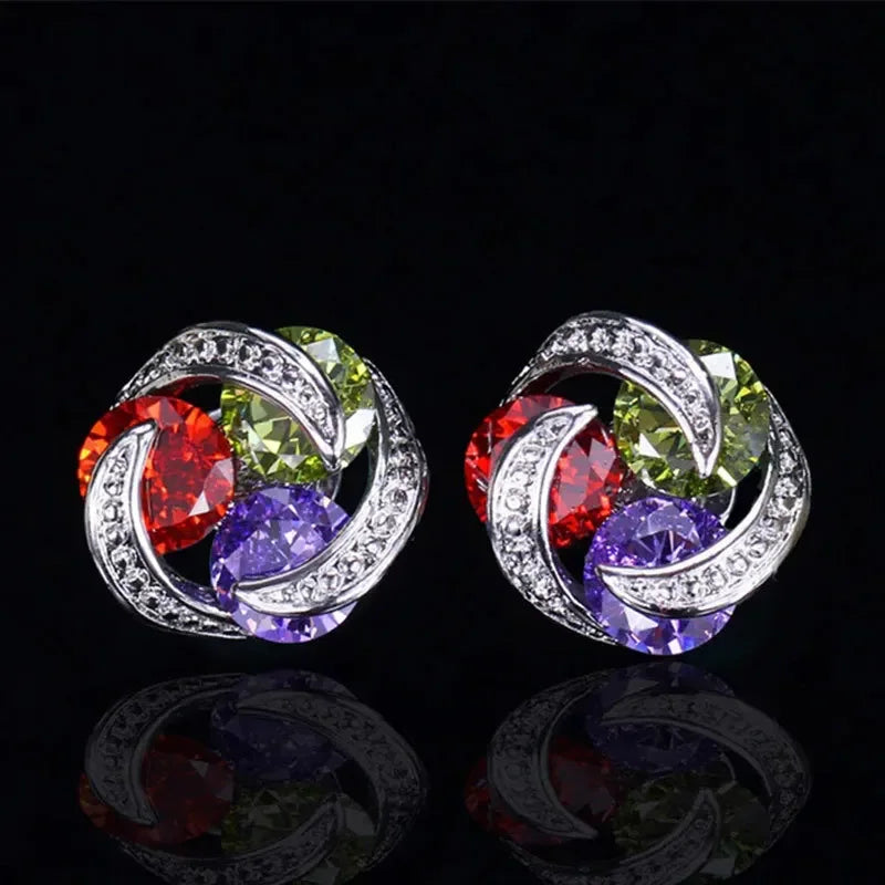 Luxury 925 Sterling Silver Twist Pink Yellow Multicolor Mosaic Zircon Stud Earrings for Women Girls Gift Oorbellen Pendientes