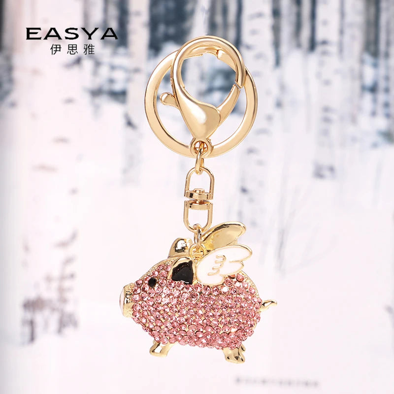 EASYA Cute Pig Shape Keychain Bag Key Ring Kawaii Anime Vintage Metal Crystal High-end Luxury Ladies Charm Jewelry gifts friends