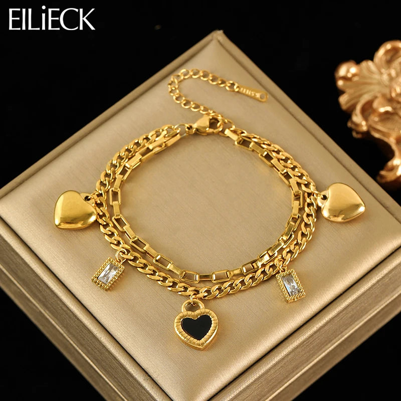 EILIECK Stainless Steel Reversible Heart Charm Bracelet For Women Trendy 18K Gold Plated Waterproof Wrist Chain Jewelry Gift