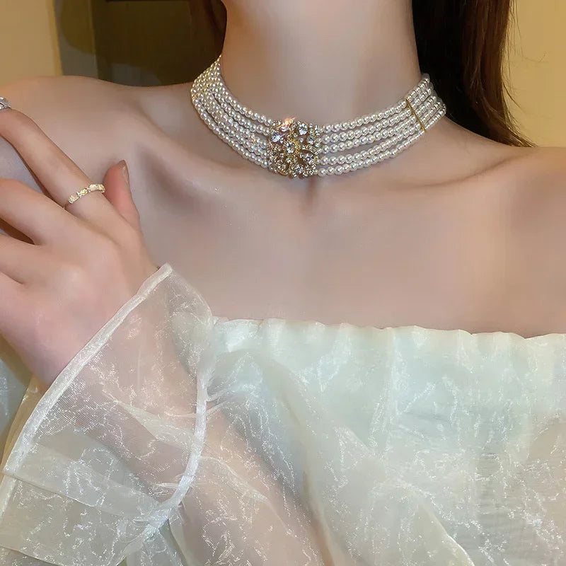 Elegant Multilayer Pearl Choker Necklaces for Women Crystal Flowers Necklaces Weddings Party Jewelry