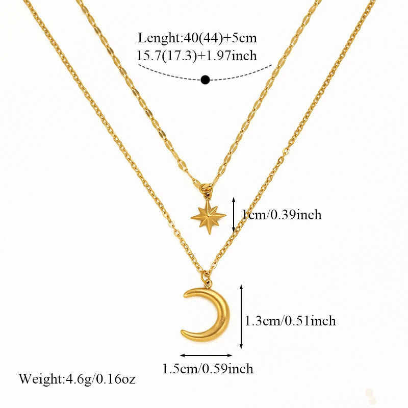 EILIECK Women's Retro Star Moon Pendant Necklace 18K Gold PVD Plated Stainless Steel Waterproof Layered Neck Chain Daily Jewelry