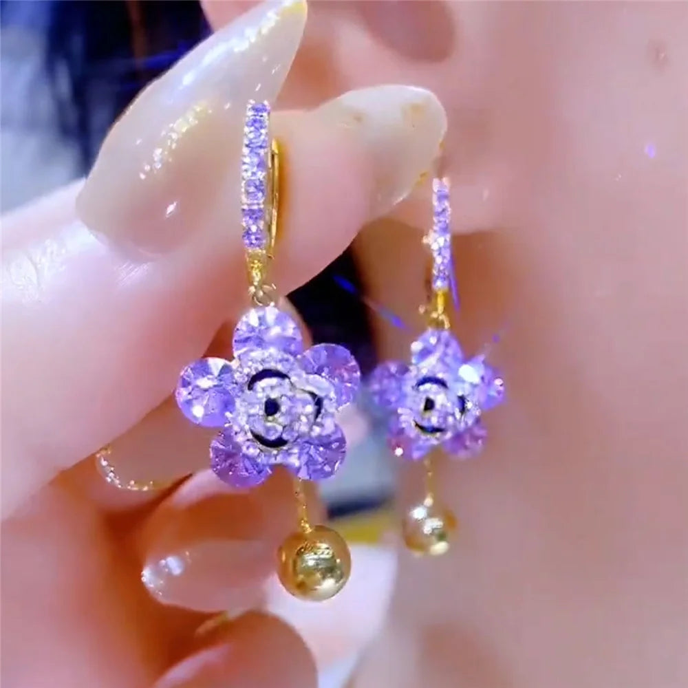 Charm Cute Female Small Purple New Flower Zircon Stone Fashion Drop Dangle Earrings Unique Gold Color Wedding Jewelry For Women
