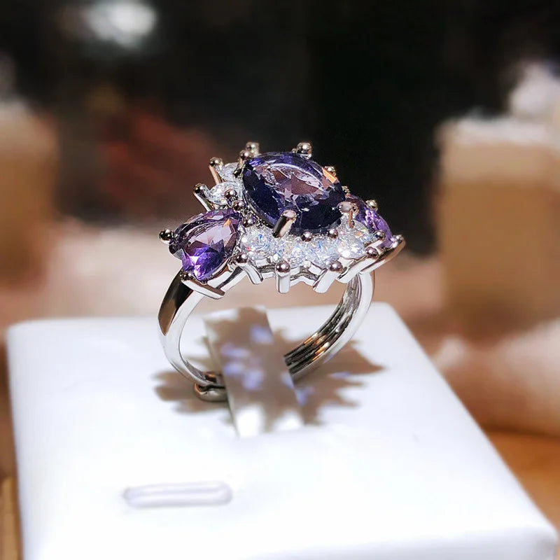 925 Silver Simple Sweet Diamond Ring Ladies New Purple Zircon Ring Women's Party Wedding Birthday Gift Wholesale