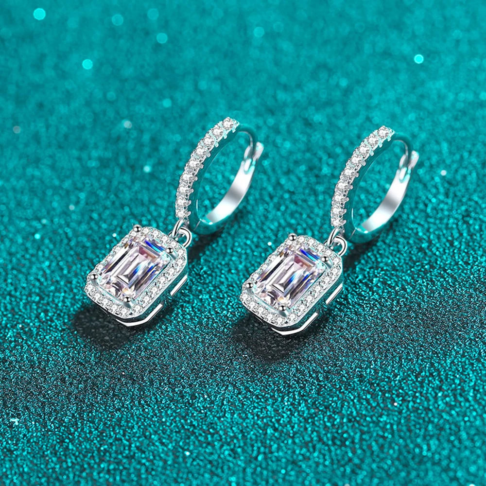 1ct 2ct Emerald/Radiant Cut Moissanite Drop Earrings for Women 925 Sterling Silver Plated PT950 Sparkling Hoop Earring With GRA